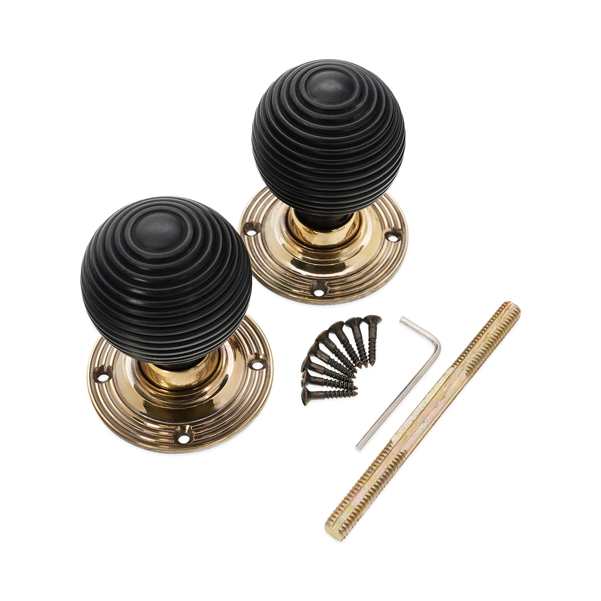 Ebony Beehive Rim/Mortice Door Knob Aged Brass