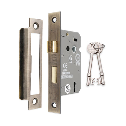 3" CE 3 Lever Mortice Sash Lock FD60 - Antique Brass