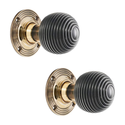 Ebony Beehive Rim/Mortice Door Knob Aged Brass