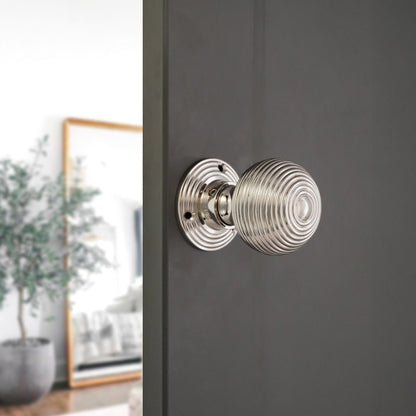 Ribbed Rim/Mortice Door Knob Polished Nickel