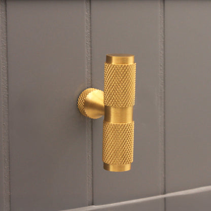 Knurled T bar Cupboard Pull Satin Brass