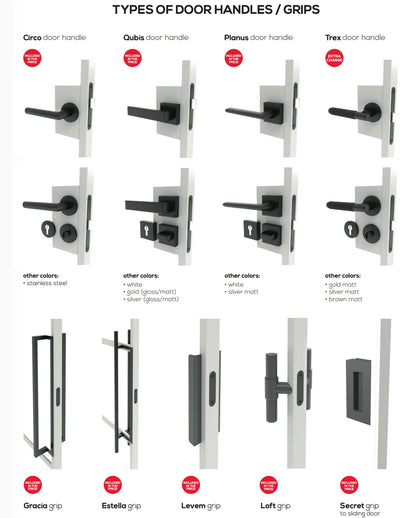 Illustration of various types of door handles and grips with color options.