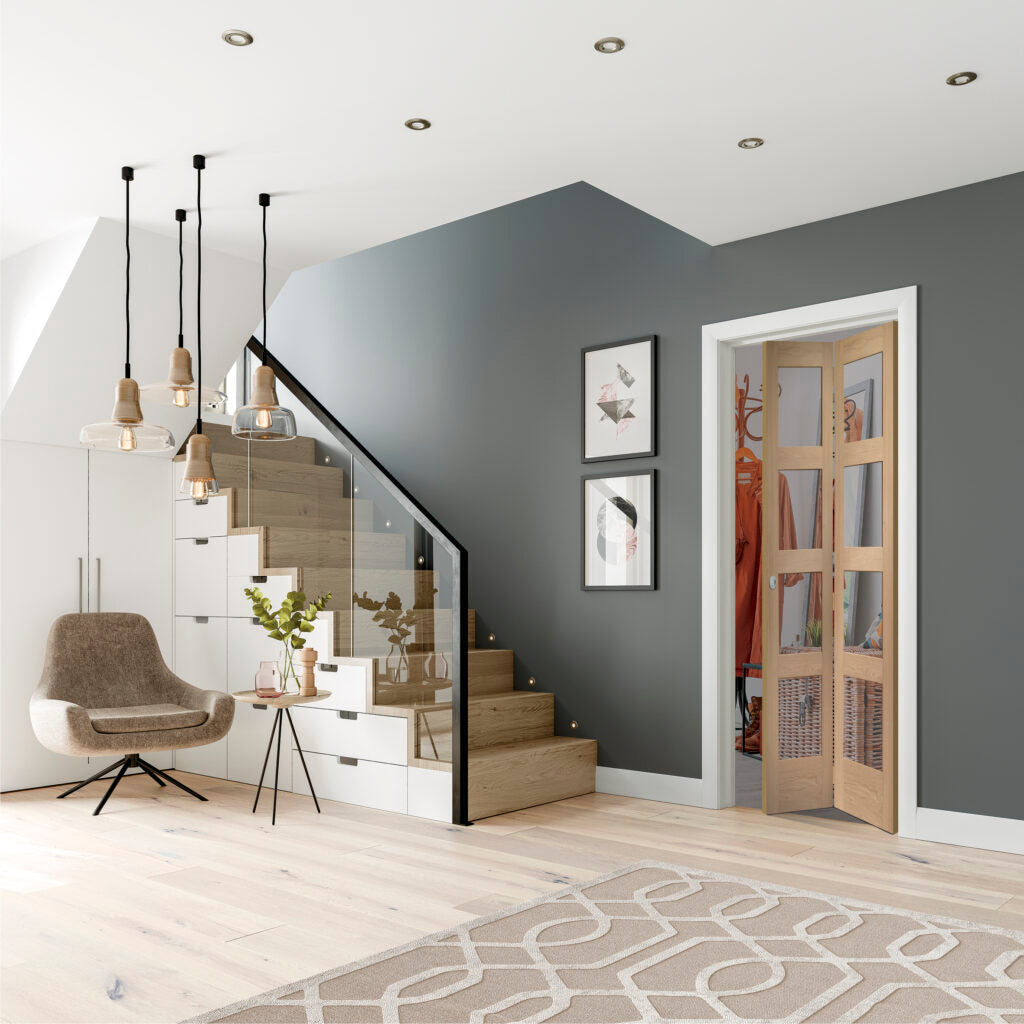 Shaker 4 Panel Bi-Fold Internal Oak Door with Clear Glass