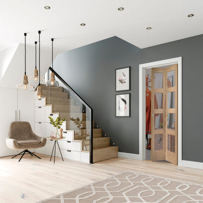 Shaker 4 Panel Bi-Fold Internal Oak Door with Clear Glass