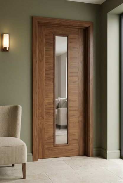 Seville walnut glazed door in an elegant olive-toned interior